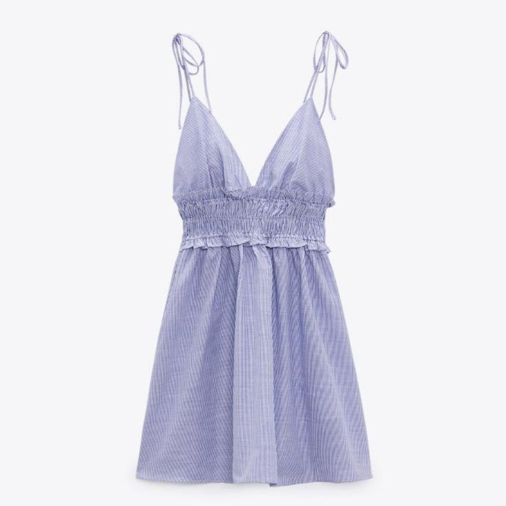 COPY - Zara Striped Shirred Ruffle Trim Backless Cami Dress - Picture 1 of 10